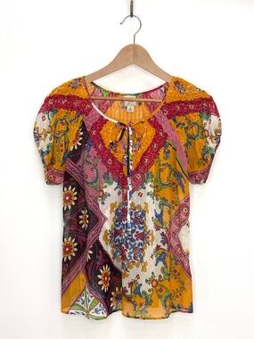 Yvos Boho Patchwork Print Smocked Top Sheer Chiffon Short Sleeve Colorful Medium